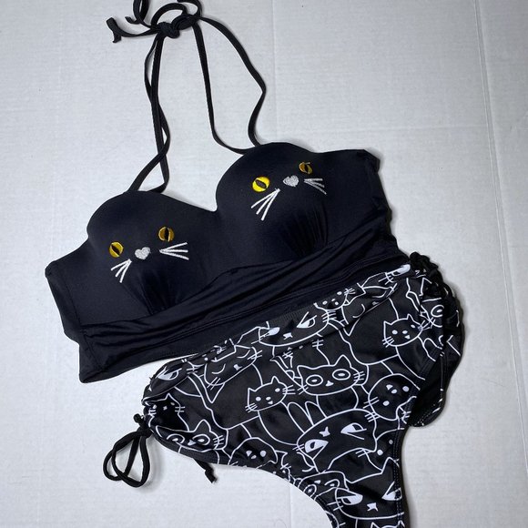 No Brand Other - Black Cat Print Halter Bikini Swimsuit Novelty